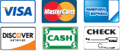 We  Accept Visa, MasterCard, American Express, Discover, Cash and Checks